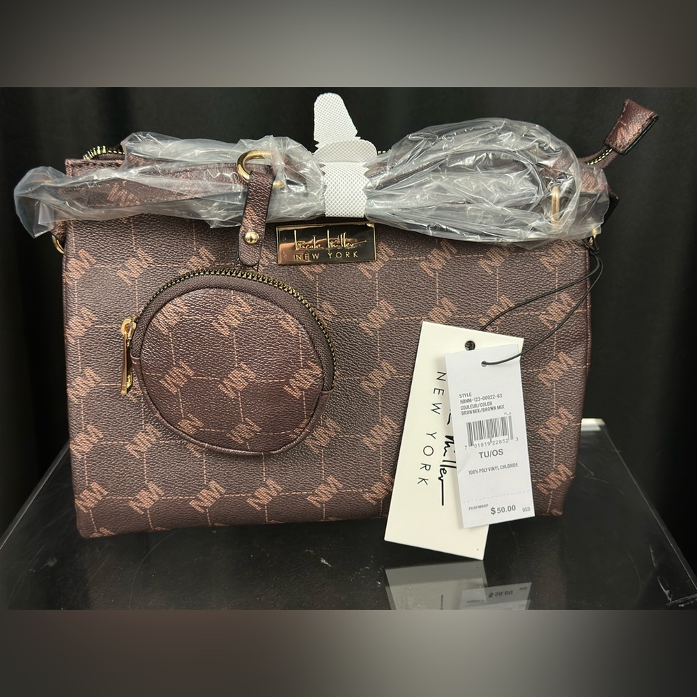 Nicole Miller Purse W/ Pouch Brown Logo Gold Hardware Shoulder Crossbody Bag NWT